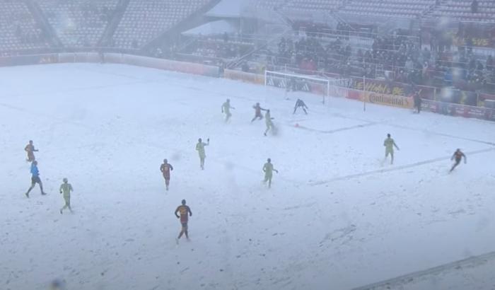 An action shot taken during Real Salt Lake's 3-0 win over LAFC in Major League Soccer on a snow-covered pitch in March 2024